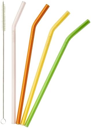 SuperBee Bent Glass Straws Set of 4 with Case & Cleaning Brush