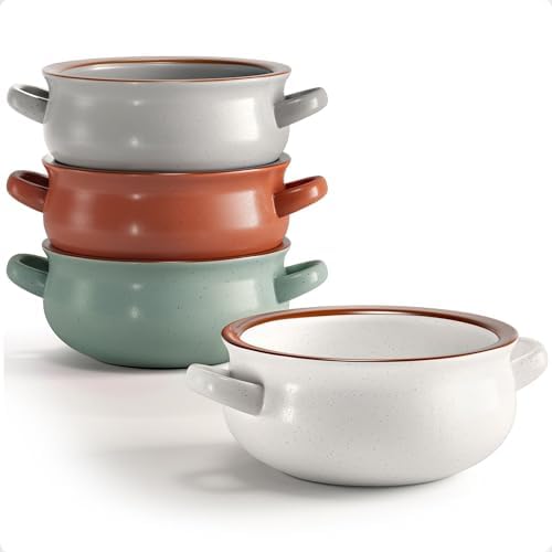 Ceramic Soup Bowls with Handles Set of 4, 20oz Stackable French Onion