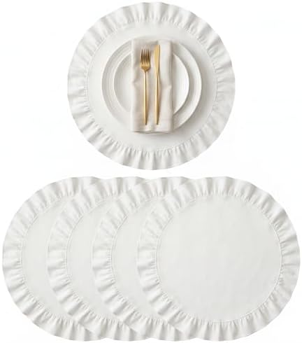 Round Ruffled Linen Blend Placemats, 15 Inch Scalloped Table Mats, Set