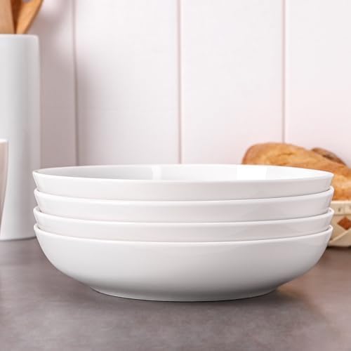DOWAN 9.75" Pasta Bowls Set of 4, Large Shallow White Ceramic Salad