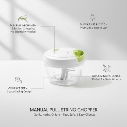 Ideal for Garlic, Herbs & Onions: Manual Pull-String Chopper, Compact