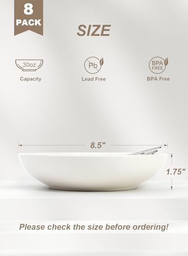 Quatish Pasta Bowls 30oz Set of 8, Salad Bowls Soup Bowl for Kitchen