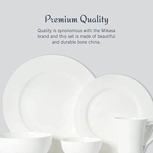 Mikasa Delray 40-Piece Bone China Dinnerware Set, White Round Dishes for 8 - Dinner Plates, Salad Plates, Cereal Bowls, Fruit Bowls and Mugs