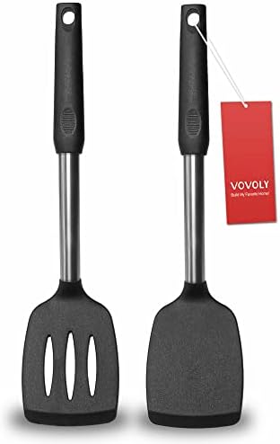 2 Pack Spatulas, Solid & Slotted Silicone Spatula Set, Stainless Steel