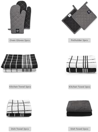 Encasa XO Kitchen and Dish Towels, Oven Mitts Set Grey Combo