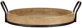 SEDLAV Round Rustic Brown Wood Serving Tray with Metal Handles