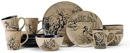 Mossy Oak 16-Piece Stoneware Dinnerware Set, Service for 4 with Dinner Plates, Salad Plates, Bowls and Mugs, Lodge-Style Wildlife Animal Sketch Design, Dishwasher and Microwave Safe