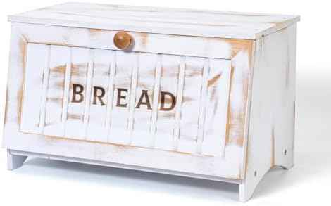 DAOYOUSKY Bamboo Bread Box for Kitchen Countertop, White Vintage Wooden Counter Breadbox, Single Layer Rustic Wood Large Capacity Bread Storage Container Bin
