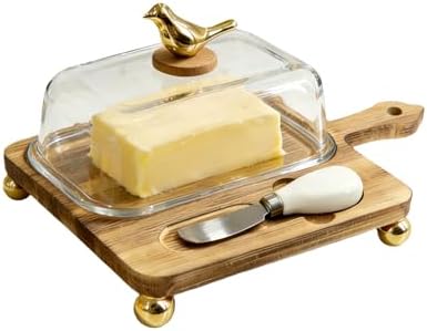 HAN SHENG Gold Bird Butter Dish with Glass Lid Knife, Butter Storage