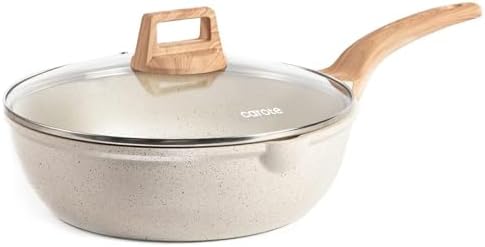 CAROTE 12 Inch Nonstick Deep Frying Pan with Lid, 5.5 Qt White Granite
