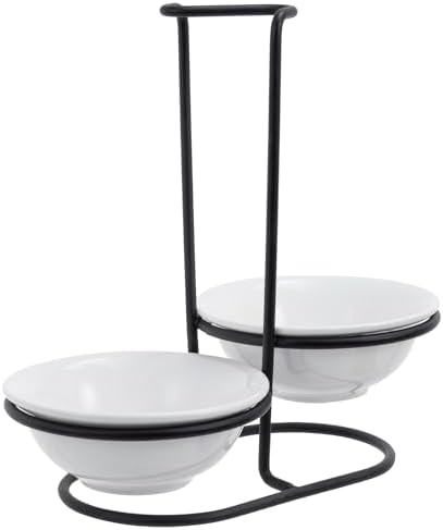 MyGift Ceramic Spoon Rest with Black Metal Stand, 2 Bowls, for Stove