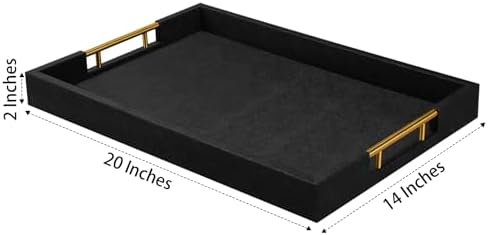 14x20 Inches Black Faux Leather Wrappen Wood Serving Tray with Metal