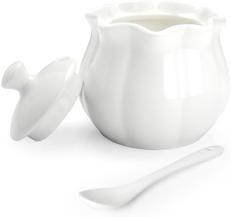 Ceramic Sugar Bowl with Lid and Spoon, Flower-Shaped Porcelain Salt