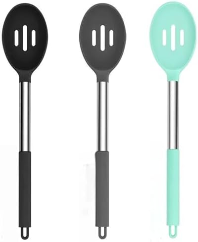 Silicone Slotted Cooking Spoon Set (13.2"), 3-Pack Large Stainless