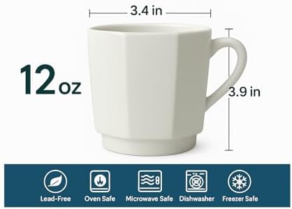 Minimalist White Ceramic Coffee Mug Set of 2 – 12 oz Modern Style Cups
