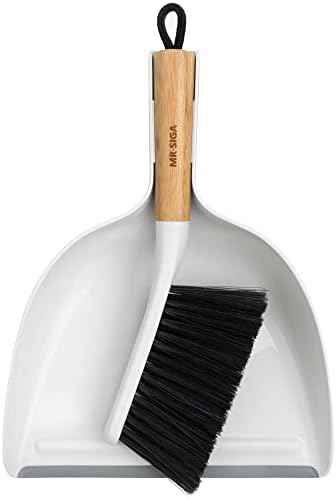 MR.SIGA Dustpan and Brush Set, Bamboo Handle, White
