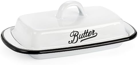 Enamel Butter Dish with Lid, Vintage Enamelware White Butter Tray