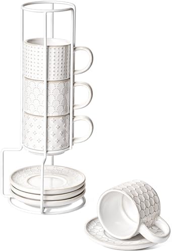LE TAUCI 4 oz Stackable Espresso Cups with Saucers and Stand, Set of