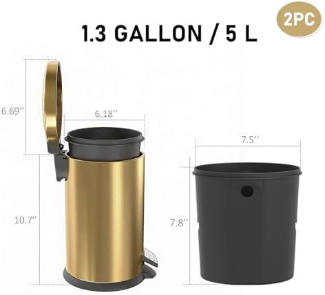 SIMPLYKLEEN 2 Pack 1.3 Gallon Bathroom Trash Cans, Gold