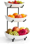 Ceramic Fruit Bowl for Kitchen Counter - 3 Tier Modern Fruit Basket Fruit Rack with Metal Stand, Tiered Fruit Stand for Snacks, Candy, Bread (Black)
