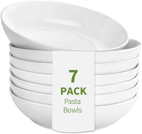 DeeCoo 7 Pack Porcelain Pasta Bowls Ceramic, Large Serving Bowl, Wide