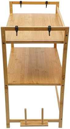 2-Tier Bamboo Microwave Shelf with 4 Hooks