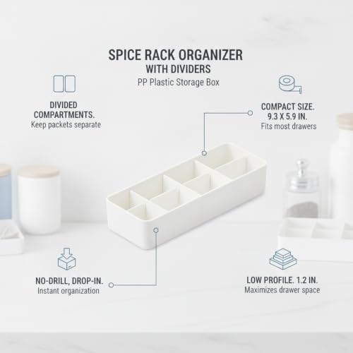 Spice Rack Organizer with Dividers, Compact Drawer Insert for