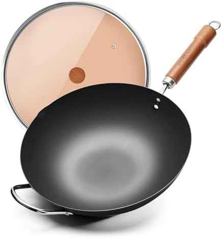 WANGYUANJI Carbon Steel Wok with Lid, 12.6 Inch Flat Bottom Chinese Wok