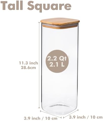 3-Pack 2.2Qt Square Glass Spaghetti Jars with Bamboo Lids