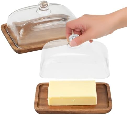 Glass Butter Dish with Lid, 1PC Wooden Wide Butter Holder for