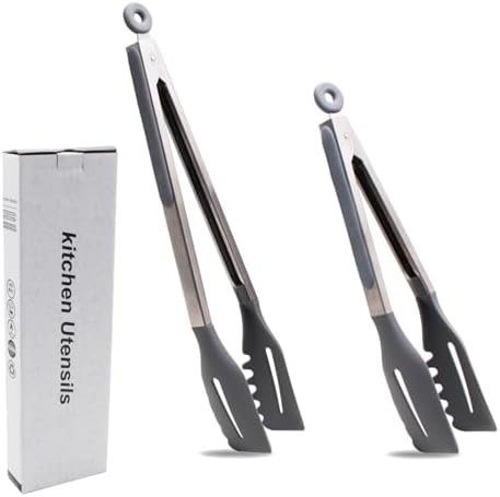 3-in-1 Silicone Kitchen Tongs Set of 2, 11 and 14 Inch, Gray