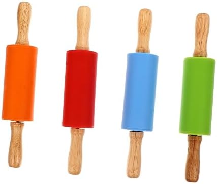 Mikinona 4pcs Silicone Rolling Pin Wood Handle Baking Roller Rolling