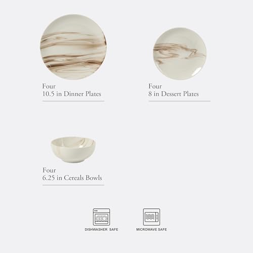 Gibson Home Cloudlight 12 Piece Plates and Bowls Dishes Brown and