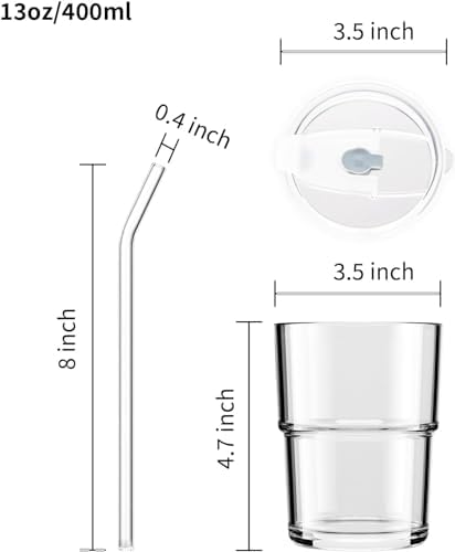 13oz Glass Tumbler with Straw and Lid, Leak Proof Iced Coffee Cup