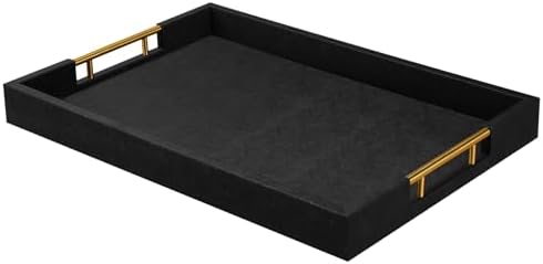 14x20 Inches Black Faux Leather Wrappen Wood Serving Tray with Metal