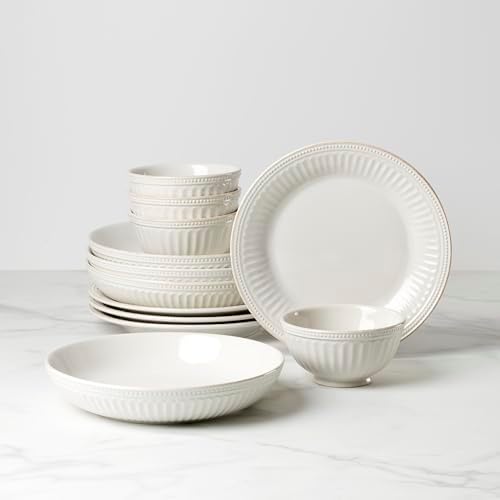 Lenox French Perle Groove White Stoneware Dinnerware Set with Dinner Bowls