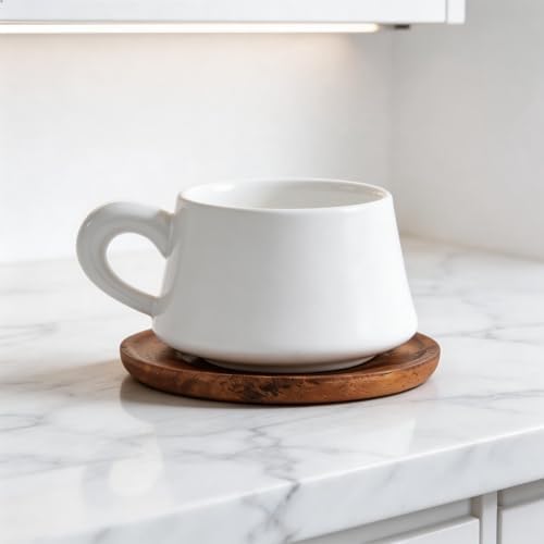Set of 1 Ceramic Tea White Cup and Wood Saucer - 7 oz Tea Mug - Wide