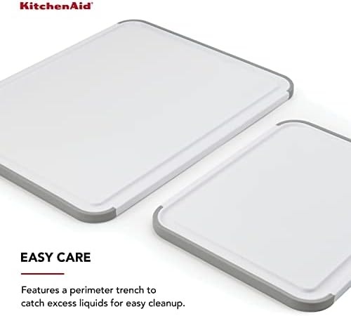 KitchenAid Classic Nonslip 2-Piece Plastic Cutting Board Set with Perimeter Trench and Non Slip Edges, 2-Piece Kitchen Chopping Boards, Dishwasher-Safe, White and Gray