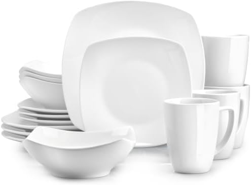 Zulay Kitchen Luna Plates and Bowls Sets, 16 Piece Modern Porcelain