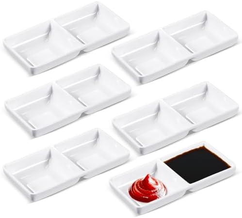 Gejoy 6 Pcs Dual Dipping Sauce Bowls Soy Sauce Dish Bowls, White