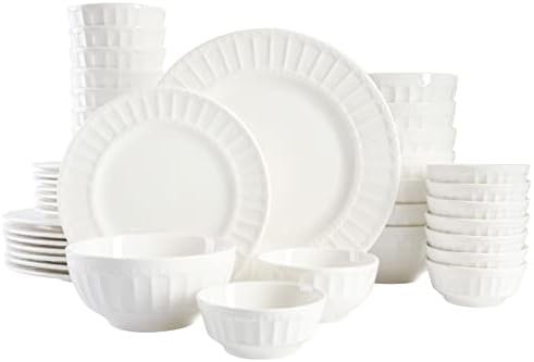 Gibson Home Zen Buffet Porcelain Ceramic Dinnerware Sets for 8, Plates and Bowls Set (40pcs), White Embossed Dishes