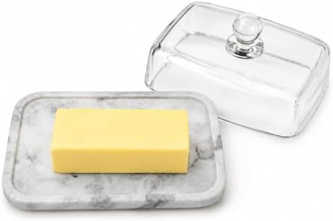 Marble Butter Dish with Glass Lid, Large Butter Dish for Countertop