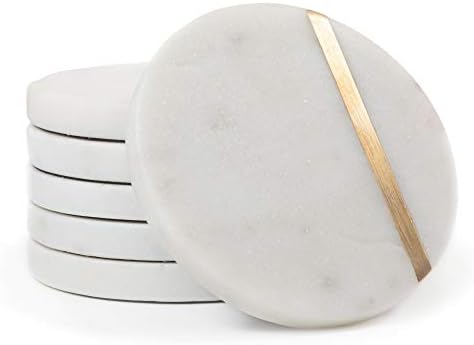 Cork & Mill Marble Coasters with Gold Brass Inlay, White, Set of 6