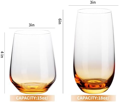 Set of 8 Drinking Glasses, Hand Blown, 4 Highball Glasses 18oz & 4