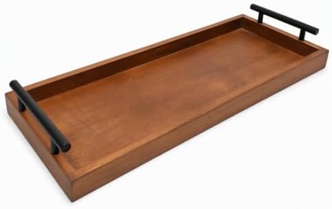 Wooden Serving Tray 20“×8” Black Metal Handles, Decorative Rustic Wood