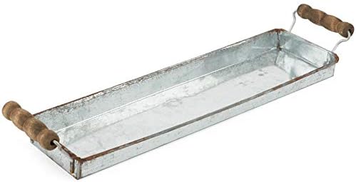 Set of 2 Rustic Galvanized Metal Long Serving Trays with Handles for