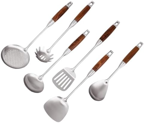 VALESKA Kitchen Utensils Set with Wood Handle, 6 Pieces Stainless