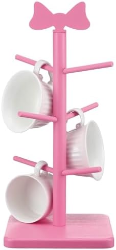 DoubleFill Pink Mug Tree Wooden Bow Coffee Bar Accessories with 6