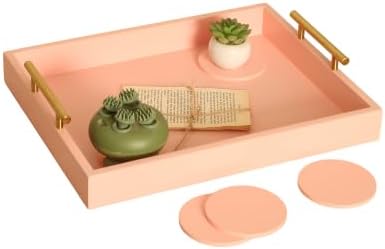 16.5"x13" Pionk Wooden Ottoman Tray, Gold Metal Handles 4 Coasters