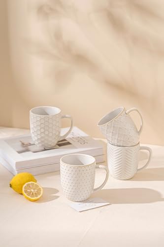 FOBENTA Ceramic Coffee Mugs Set of 4, 12oz Embossed Cups with Elegant